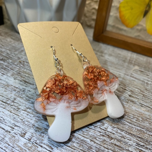 Mushroom Earrings - Copper and White Amanita - Picture 7 of 11